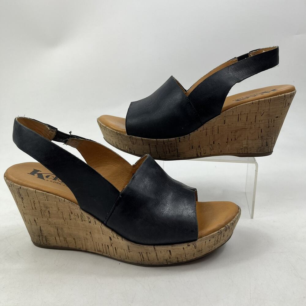 Korks Womens Wedge Platform Sandals Size 7 Black Leather Cork Open Toe Slingback